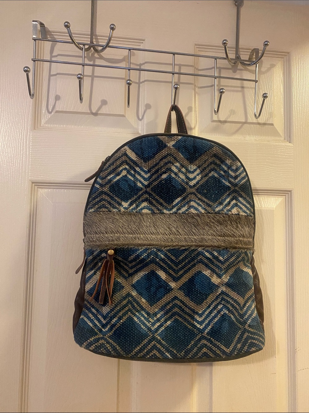 Myra Blue Patterned Women's Backpack with Cow Fur Trim.